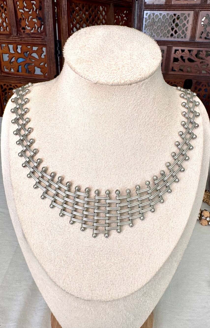 Vintage Silver Tone Woven Lattice Bib Statement Necklace with Ball Ends